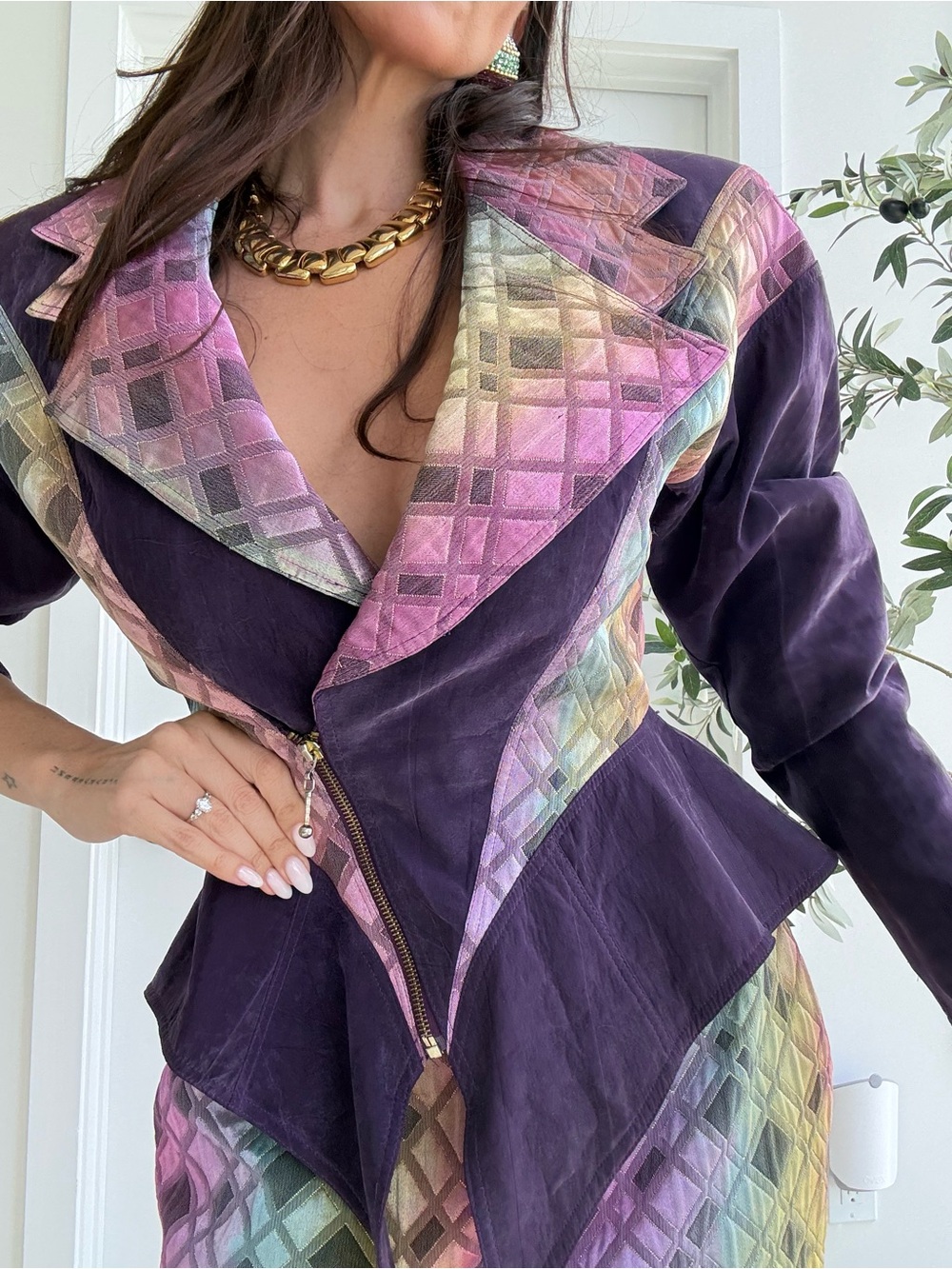 VTG Rare Cache Rainbow Purple Peplum Mugler-esque Corset Style 80s Blazer Set - Picture 6 of 8